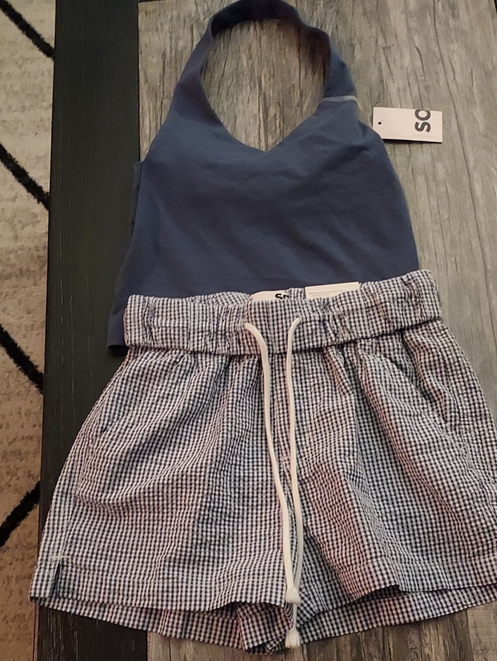 SO Juniors Indigo Halter Top with Blue & White Gingham Shorts 2 Piece Set NWT